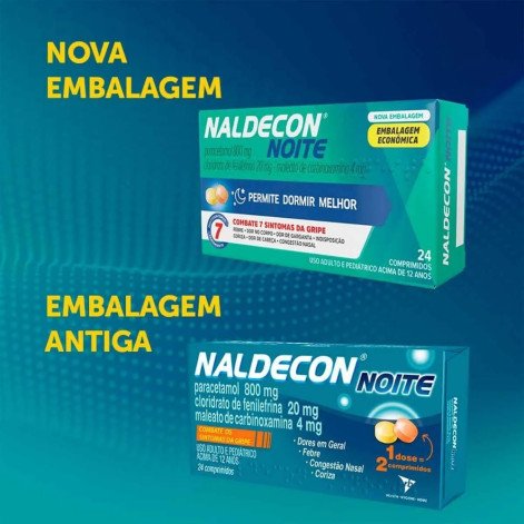 Naldecon Noite Paracetamol 800mg + Cloridrato Fenillefrina 20mg + Maleato de Carbinoxamina 4mg 24 comprimidos