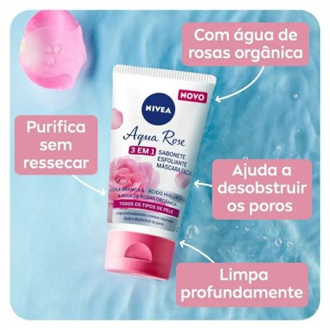 Sabonete, Esfoliante e Máscara Facial Nivea Aqua Rose 3 em 1 150ml