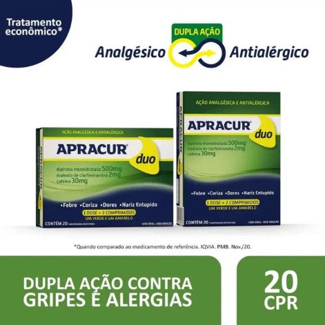 Apracur Duo 500mg + 2mg + 30mg 20 Comprimidos Revestidos