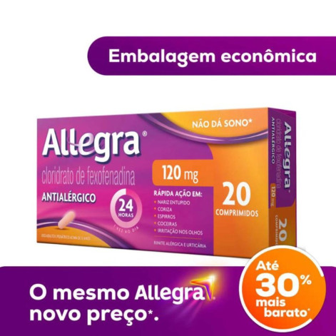 Antialérgico Allegra Cloridrato de Fexofenadina 120mg 20 comprimidos