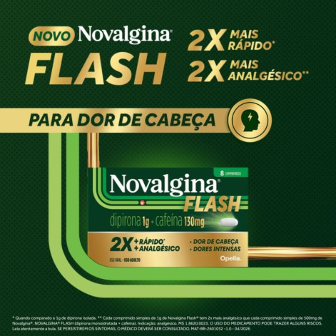 Novalgina Flash 1g Dipirona + 130mg Cafeína 8 comprimidos