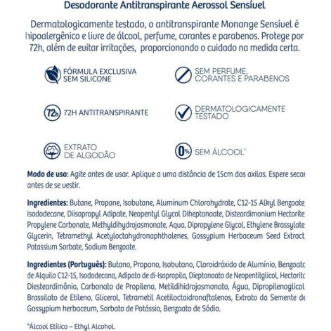 Desodorante Antitranspirante Aerosol Monange Sensível 72h 150ml