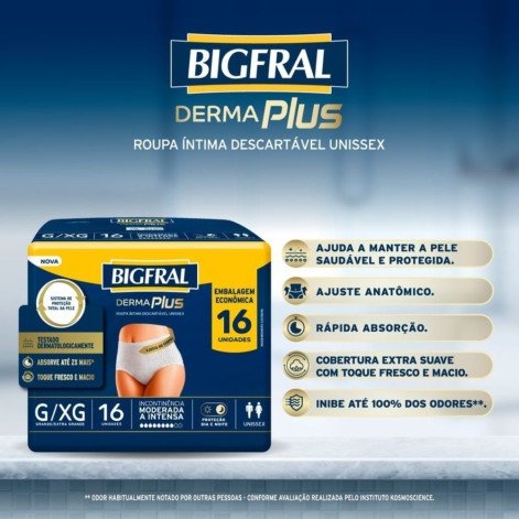 Roupa Íntima Bigfral Derma Plus G/XG Unissex 16 Unidades