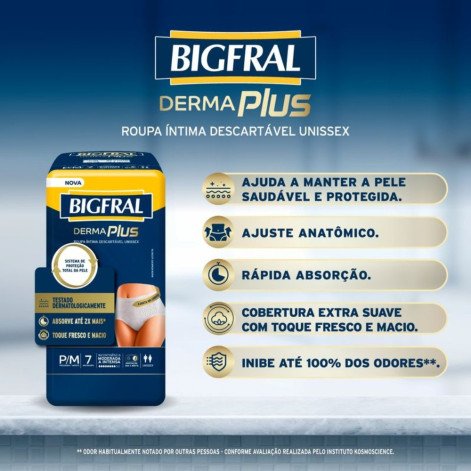 Roupa Íntima Descartável Unissex Bigfral Derma Plus P/M Absorção Moderada a Intensa 7 unidades