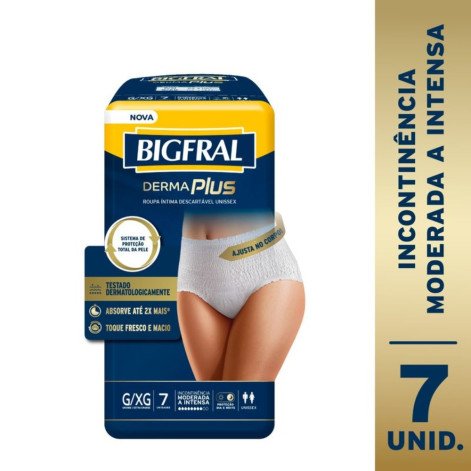 Roupa Íntima Descartável Bigfral Derma Plus Unissex G/XG Absorção Moderada a Intensa 7 unidades