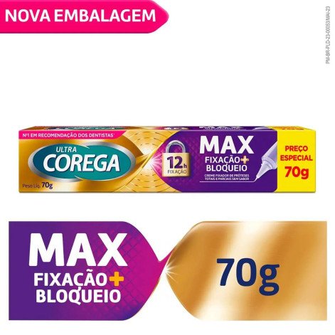 Creme Fixador de Dentadura Ultra Corega Max Fixação + Bloqueio Sem Sabor 70g