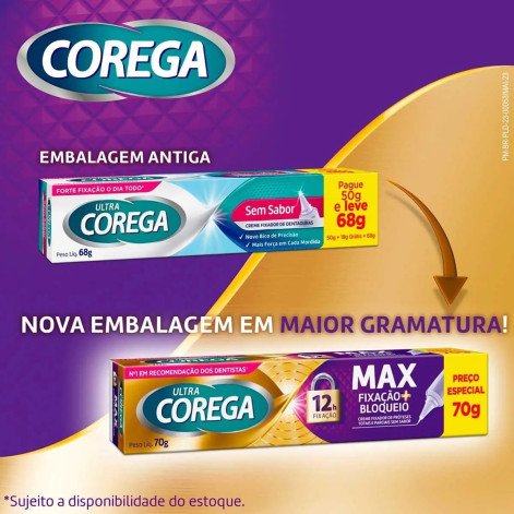 Creme Fixador de Dentadura Ultra Corega Max Fixação + Bloqueio Sem Sabor 70g