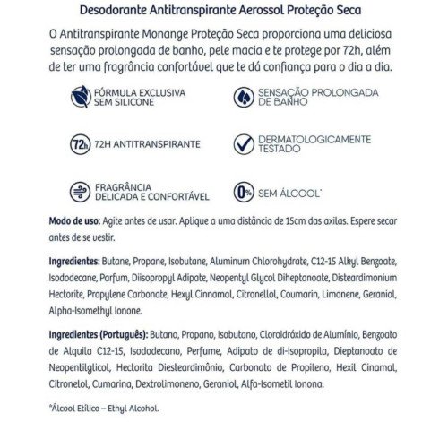 Desodorante Antitranspirante Aerosol Monange Proteção Seca Feminino 48h 150ml