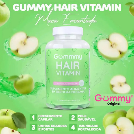 Combo Gummy Hair Cabelos 60 Gomas e Unhas Maça Verde 60 Gomas Trutii Frutti