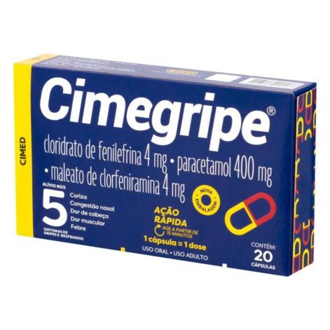 Cimegripe Cloridrato Fenillefrina 4mg + Paracetamol 400mg + Maleato de Clorfeniramina 4mg 20 cápsulas