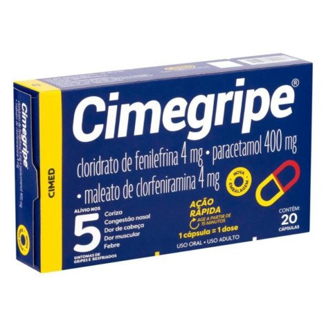 Cimegripe Cloridrato Fenillefrina 4mg + Paracetamol 400mg + Maleato de Clorfeniramina 4mg 20 cápsulas