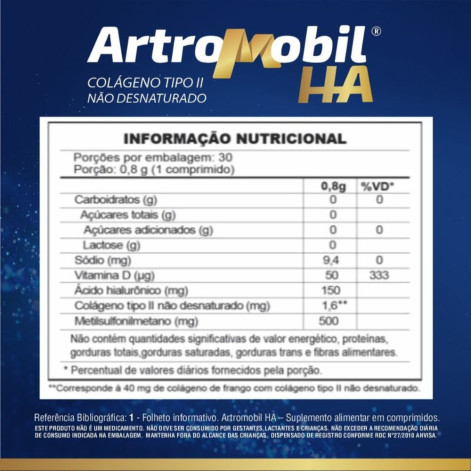Suplemento Alimentar ArtroMobil HA Colageno II Hidrolisado + Ácido Hialurônico 30 Comprimidos