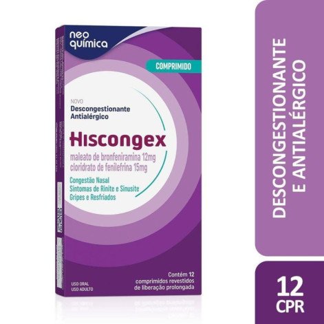 Hiscongex Maleato de Bronfeniramina 12mg + Cloridrato de Fenilefrina 15mg Caixa 12 Comprimidos