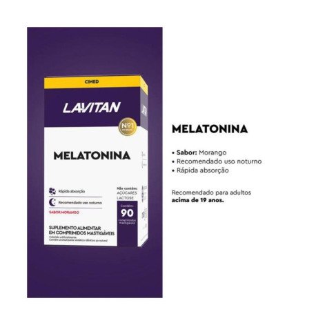 Melatonina 0,21mg Sabor Morango com 90 Comprimidos Mastigáveis Lavitan