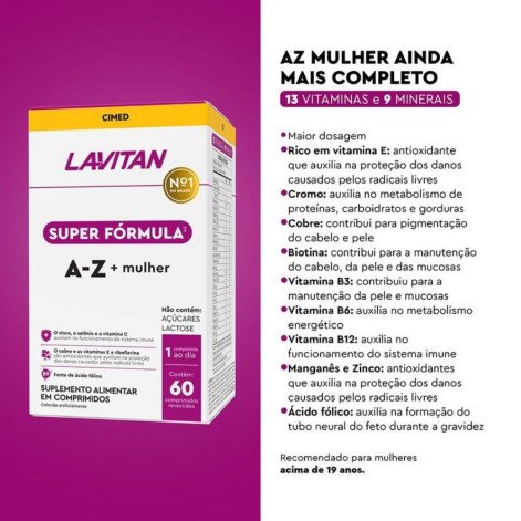 Polivitamínico Lavitan Super Fórmula A-Z + Mulher 60 Comprimidos Cimed