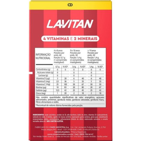 Suplemento Alimentar Lavitan Carmed Cabelos e Unhas Sabor Iogurte de Morango 60 Comprimidos Mastigáveis