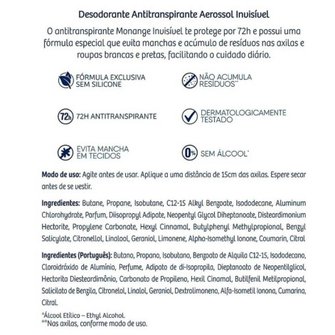 Desodorante Antitranspirante Aerosol Monange Invisible Feminino 48h 150ml