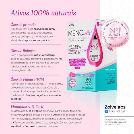 Polivitamínico Meno Aliv Tripla Ação Vitaminas E, A, D, E e K 60 cápsulas