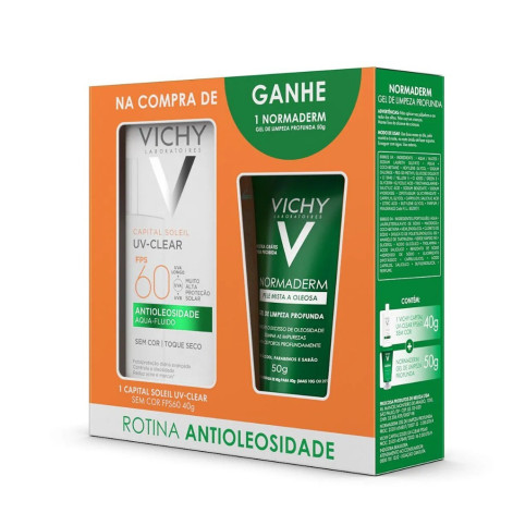  Kit Vichy Protetor Solar Facial Capital Soleil UV-Clear Antioleosidade FPS 60 Sem Cor 40g + Gel de Limpeza Facial Normaderm 50g