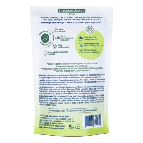 Sabonete Líquido Monange Detox Capim-Limão E Gengibre Refil 400ml