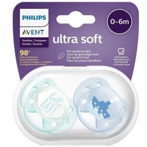  Chupeta Avent Ultra Soft 0 a 6 meses, azul, sortida com 2 unidades