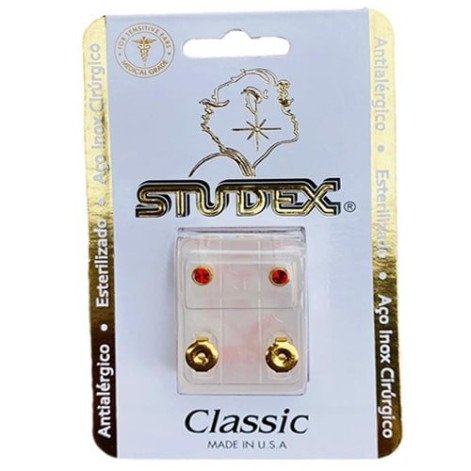 Brinco Antialérgico Studex Classic Bezel Vermelho Pequeno Dourado