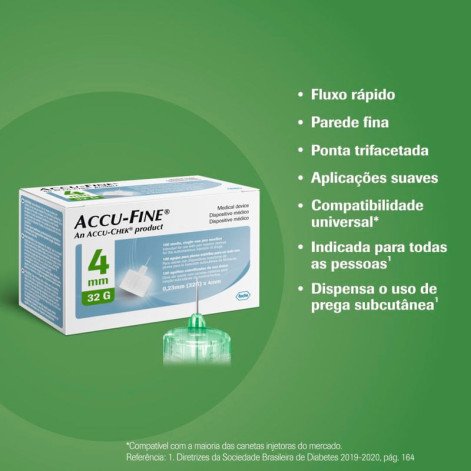 Agulha Accu Fine 4mm para Caneta Aplicadora de Insulina com 100 unidades