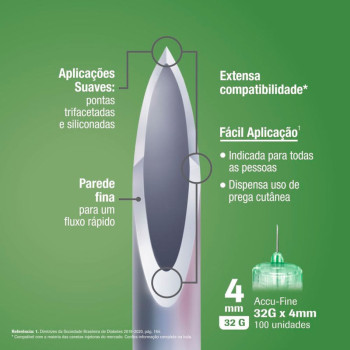 Agulha Accu Fine 4mm para Caneta Aplicadora de Insulina com 100 unidades