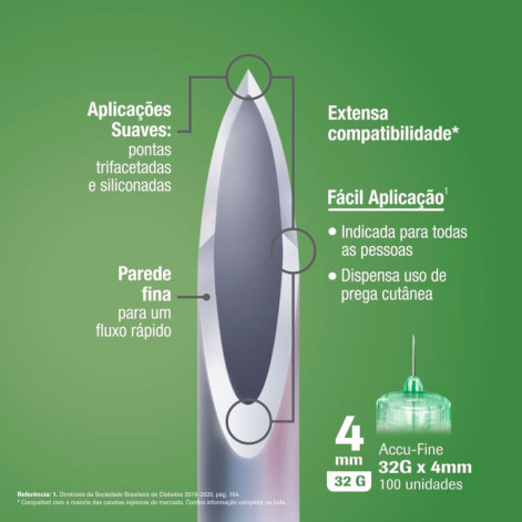 Agulha Accu Fine 4mm para Caneta Aplicadora de Insulina com 100 unidades