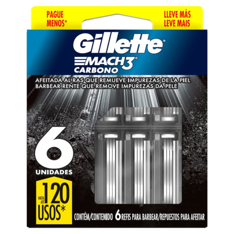 Carga Barbear Gillette Mach3 Carbono Com 6 Unidades Carga Barbear Gillette Mach3 Carbono Com 6 Unidades