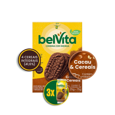 Biscoito BelVita Cacau e Cereais 75g 3 Unidades