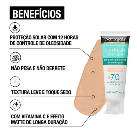 Protetor Solar Facial Neutrogena Sun Fresh Derm Care FPS70 Pele Mista a Oleosa Cor Clara 40g