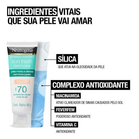 Protetor Solar Facial Neutrogena Sun Fresh Derm Care FPS70 Pele Mista a Oleosa Cor Clara 40g
