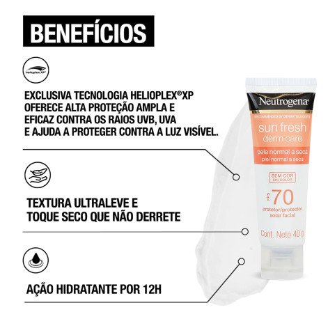 Protetor Solar Neutrogena Sun Fresh Derm Care FPS70 Pele Seca Sem Cor 40g