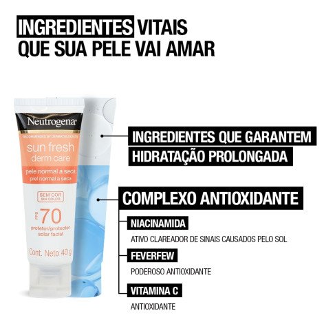 Protetor Solar Neutrogena Sun Fresh Derm Care FPS70 Pele Seca Sem Cor 40g
