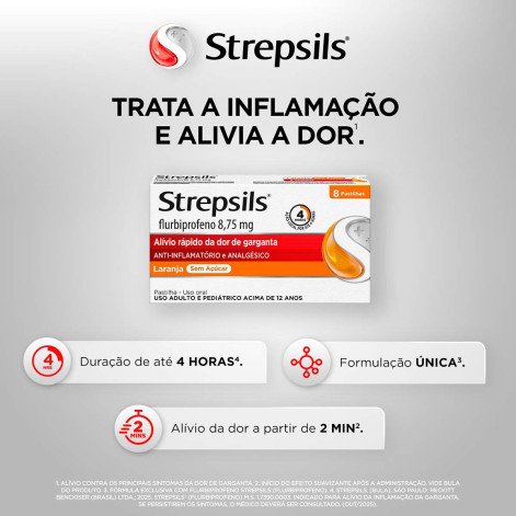 Pastilhas para Garganta Strepsils Sabor Laranja Sem açúcar 8 Unidades