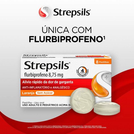 Pastilhas para Garganta Strepsils Sabor Laranja Sem açúcar 8 Unidades