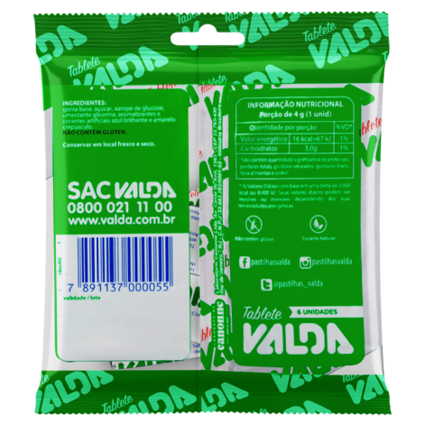 Goma de Mascar Valda Mentol, Eucaliptol e Timol 24g 6 Unidades