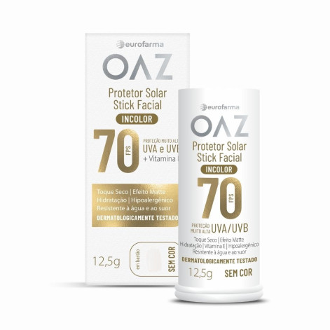 Protetor Solar Facial em Stick OAZ Eurofarma FPS70 Incolor 12,5g