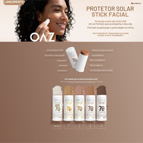 Protetor Solar Facial em Stick OAZ Eurofarma FPS70 Incolor 12,5g