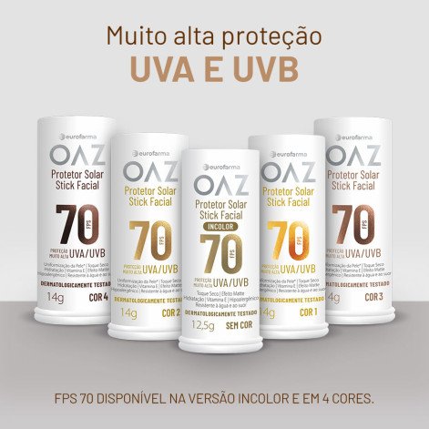 Protetor Solar Facial em Stick OAZ Eurofarma FPS70 Incolor 12,5g
