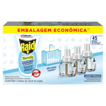 Repelente Líquido Elétrico Raid 45 Noites sem Perfume 3 Unidades de 32,9ml Cada