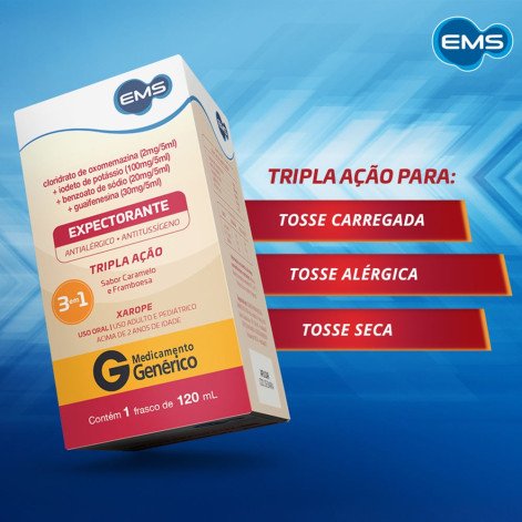 Cloridrato de Oxomemazina + Iodeto de Potássio + Benzoato de Sódio + Guaifenesina 120ml EMS Genérico Cloridrato de Oxomemazina + Iodeto de Potássio + Benzoato de Sódio + Guaifenesina 120ml EMS Genérico