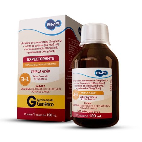 Cloridrato de Oxomemazina + Iodeto de Potássio + Benzoato de Sódio + Guaifenesina 120ml EMS Genérico Cloridrato de Oxomemazina + Iodeto de Potássio + Benzoato de Sódio + Guaifenesina 120ml EMS Genérico