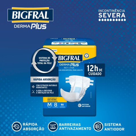 Fralda Adulto Bigfral Derma Plus Noturna M Unissex 8 Unidades