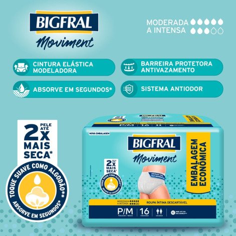 Fralda Geriátrica Roupa Íntima Bigfral Moviment P/M 16 Unidades