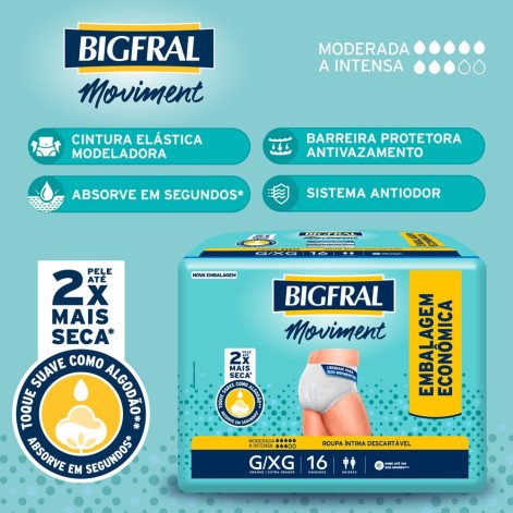 Fralda Geriátrica Roupa Íntima Moviment G/XG Incontinência Moderada a Intensa Bigfral 16 Unidades Fralda Geriátrica Roupa Íntima Moviment G/XG Incontinência Moderada a Intensa Bigfral 16 Unidades