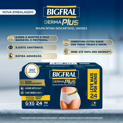 Roupa Íntima Descartável Bigfral Derma Plus Incontinência Urinária Moderada a Intensa G/XG 24 Unidades