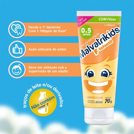 Kit Gel Dental Infantil Malvatrikids F-Infantil Anticáries Sabor Tutti Frutti 70g 3 Unidades Leve 3 Pague 2 Kit Gel Dental Infantil Malvatrikids F-Infantil Anticáries Sabor Tutti Frutti 70g 3 Unidades Leve 3 Pague 2