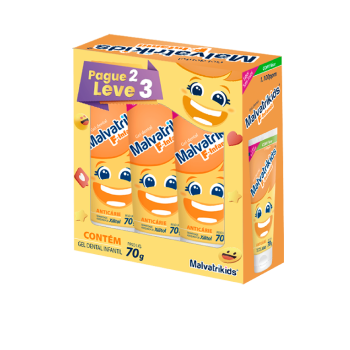 Kit Gel Dental Infantil Malvatrikids F-Infantil Anticáries Sabor Tutti Frutti 70g 3 Unidades Leve 3 Pague 2